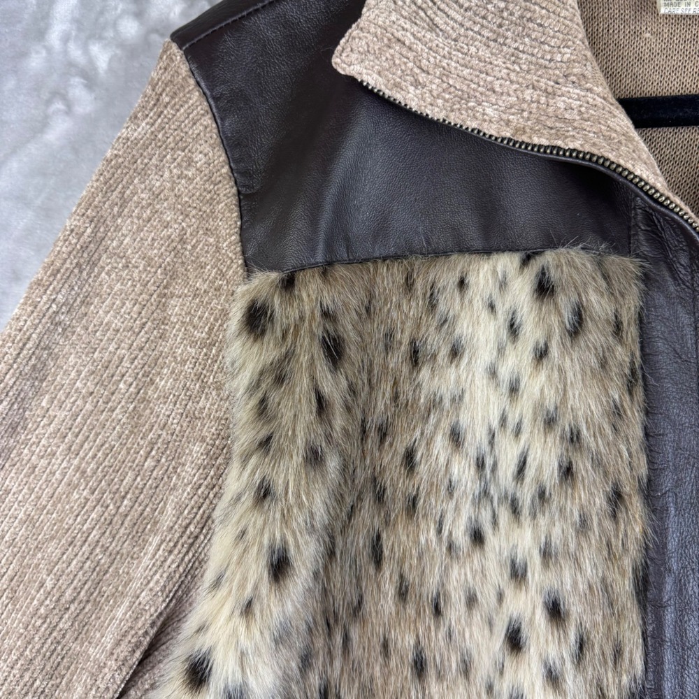Vtg Lisa International Sweater Jacket XL Real Leather Fur Leopard Print (1403) - Picture 4 of 11